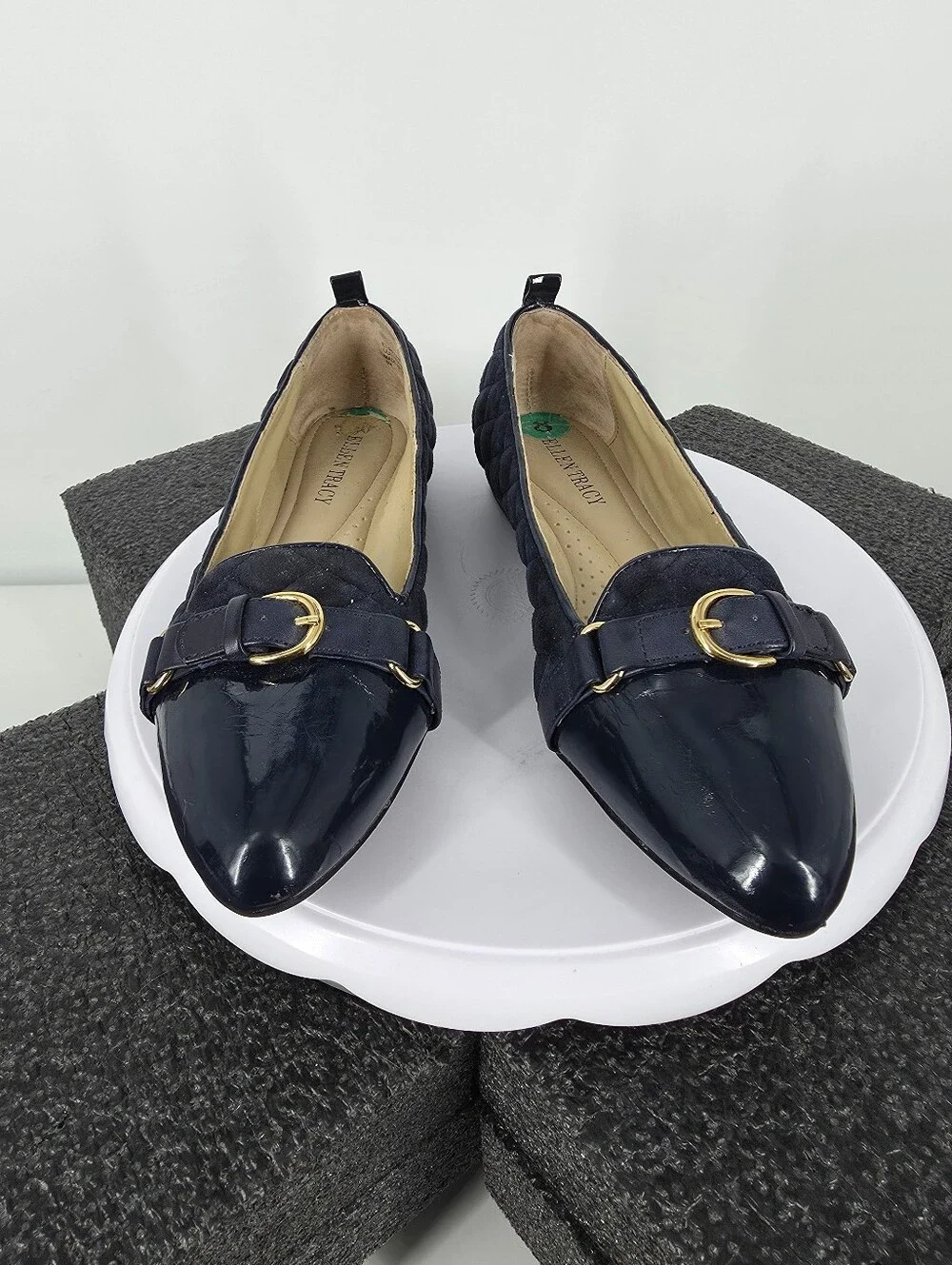 Ellen Tracy Ireland 8M Navy Blue Quilted Suede Patent Leather Buckle Flats Shoes